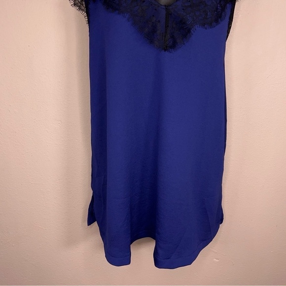 LARGE HIPPIE CHIC BLUE BLACK LACE SLEEVELESS TOP GLAM SATIN - Picture 4 of 12